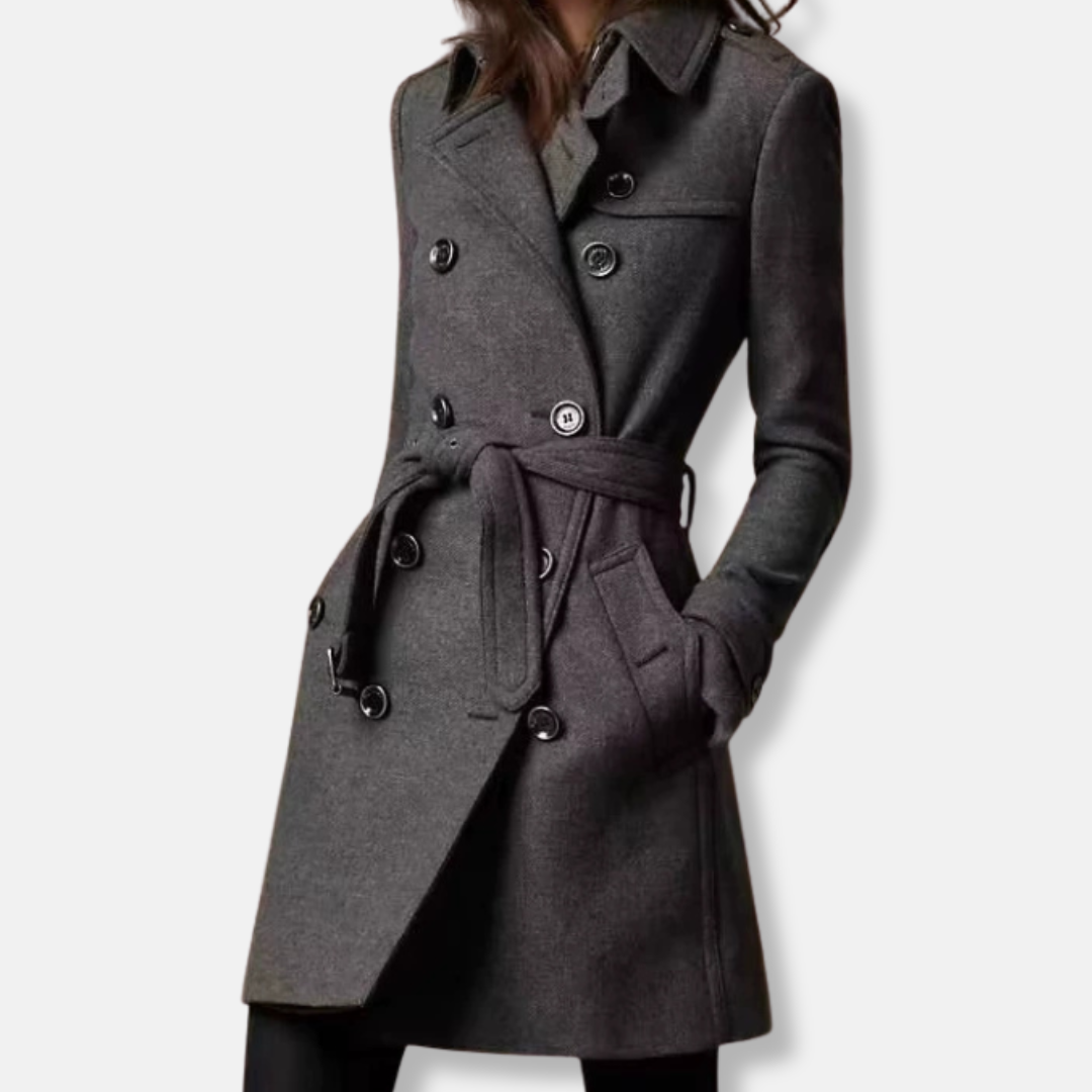 Manteau Femme Slim Fit Mélange De Laine À Double Boutonnage Ceinture Longueur À Mi Cuisse