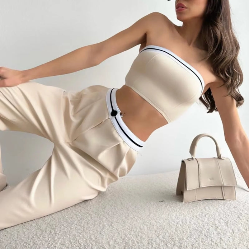 Amoise Ensemble Deux Pièces Bandeau Sculpté Et Pantalon Large Drapé Tissu Léger Respirant