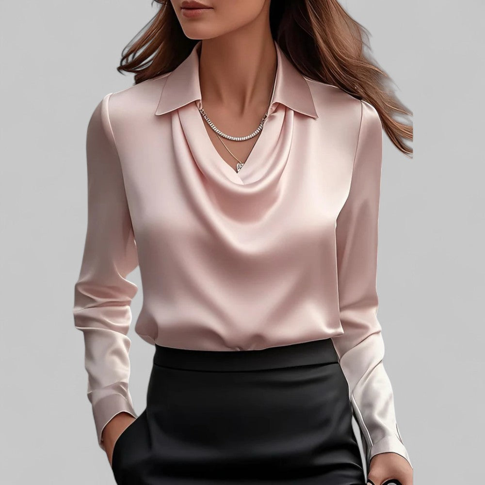 Blouse Satin Drapée Avec Encolure Délicate Rose Pour Femmes Manches Longues Élégante Confortable