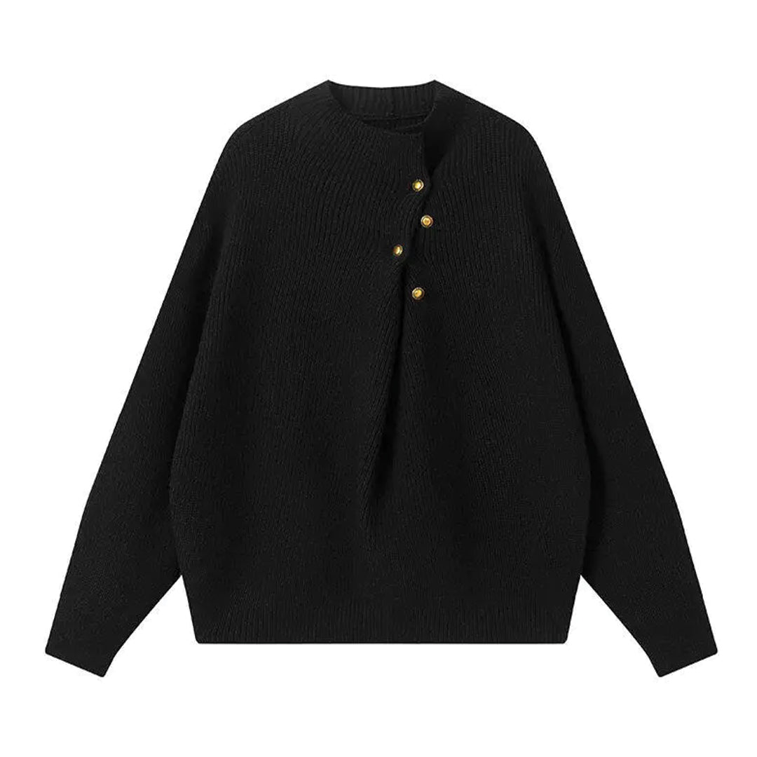 Pull Tricot Cachette Boutons Décalés Col Rond Coupe Loose Ourlet Côtelé Tissu Coton Laine Polyester