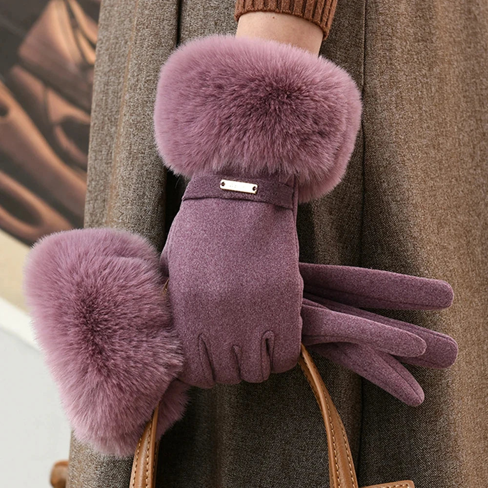 Gants Cintrés À Poignet Court Avec Bordure En Fourrure Florence Couleur Unie Élégants Chauds Pour L Hiver