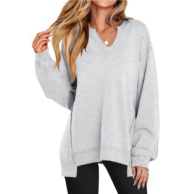 Casvyn Sweatshirt Col V Décontracté en Maille Coton Doux Pour Un Style Confortable et Raffiné