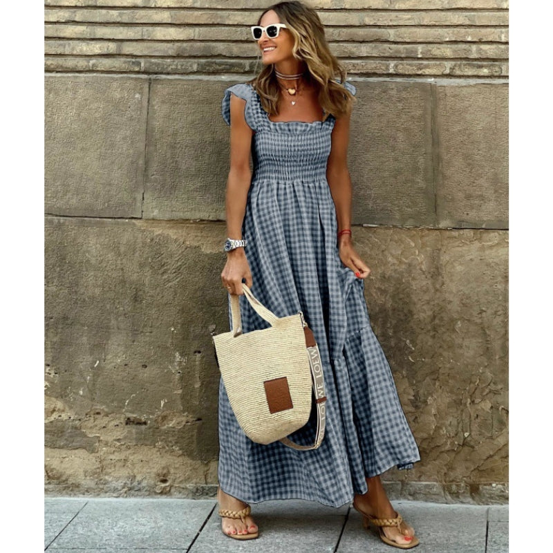 Robe Maxi Anovia En Coton Léger À Carreaux Plaid Avec Corsage Smocké Et Silhouette Confortable Amawinc