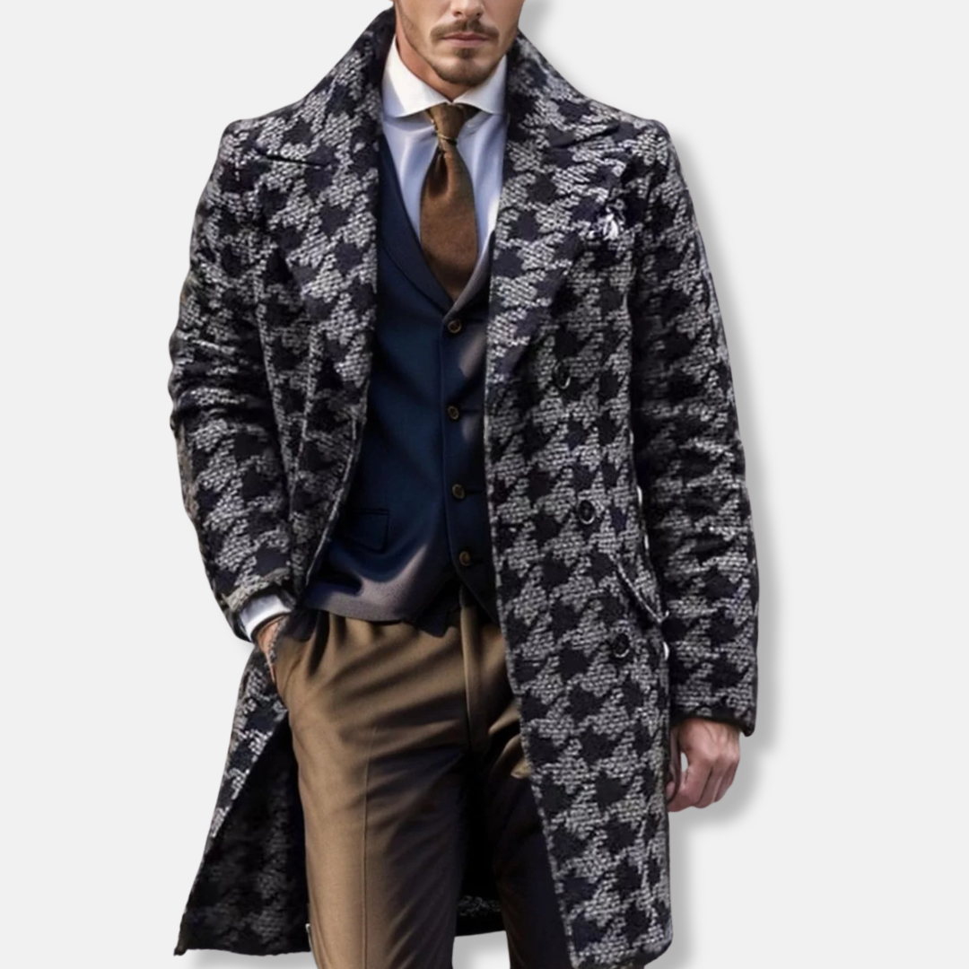 Manteau Trench Homme En Laine Mélange Motif Géométrique Coupe Ajustée Revers Cranté Style Moderne