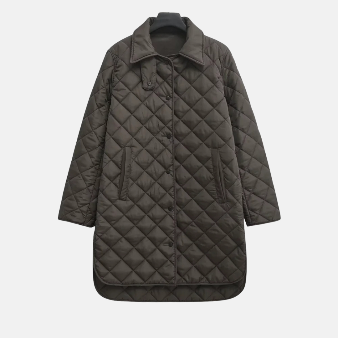 Veste Matelassée Pour Femmes Mi Longue Motif Diamant Col Chemise Bouton Avant Pour Automne Hiver Printemps