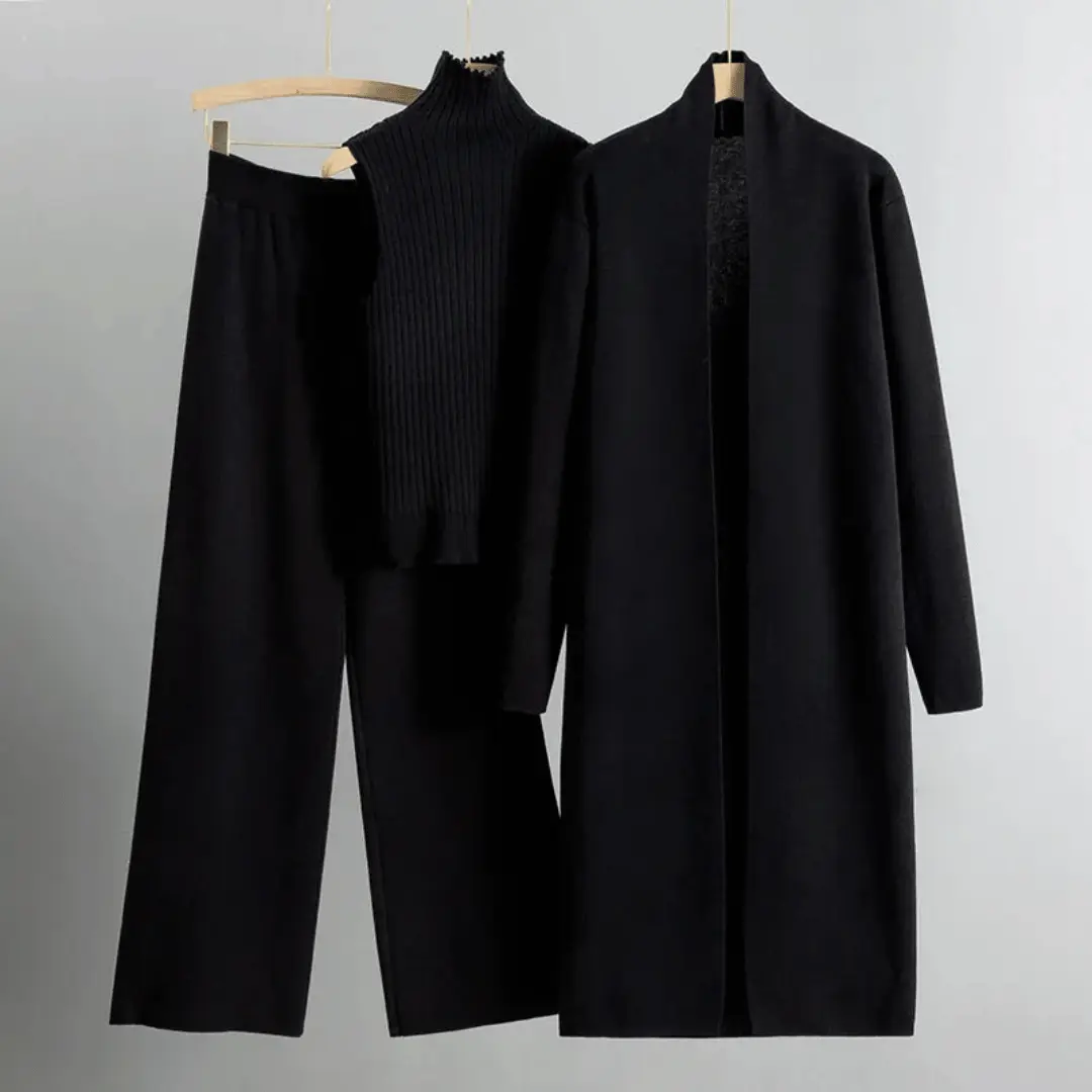 Ensemble Trois Pieces Sophia Lane Cardigan Ouvert En Maille Pantalon Large À Jambes Évasées Col Roulé Sans Manches