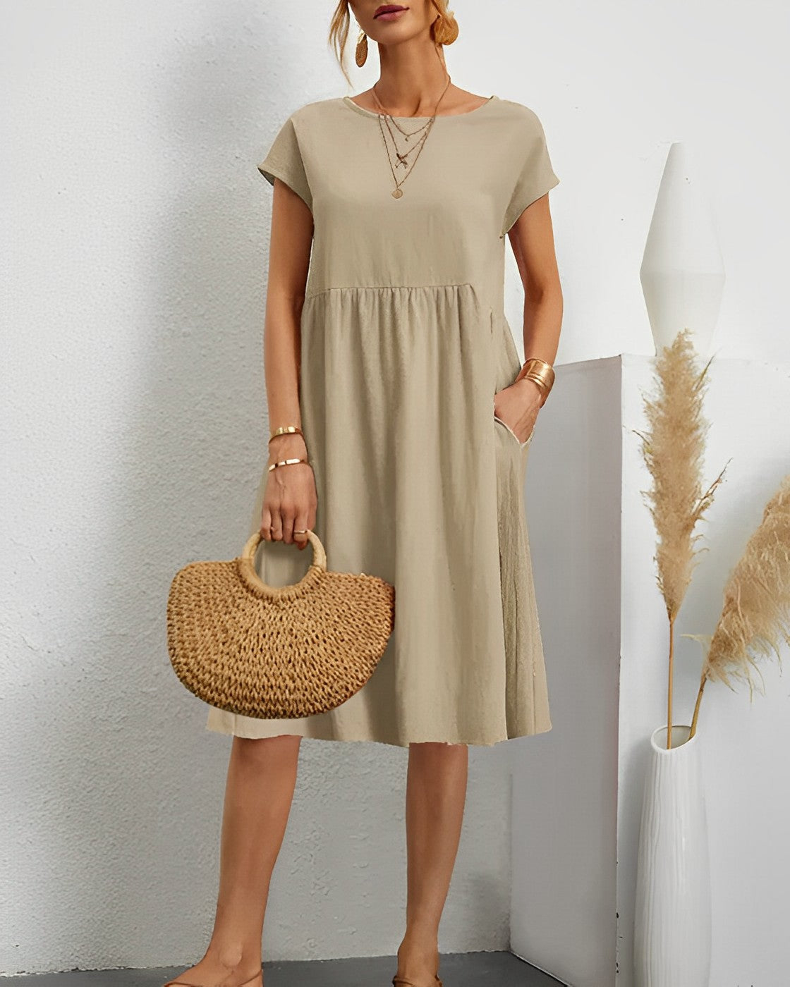 Robe Midi Femme Décontractée Avec Manches Courtes Encolure Ronde Et Poches Pratiques Amawinc