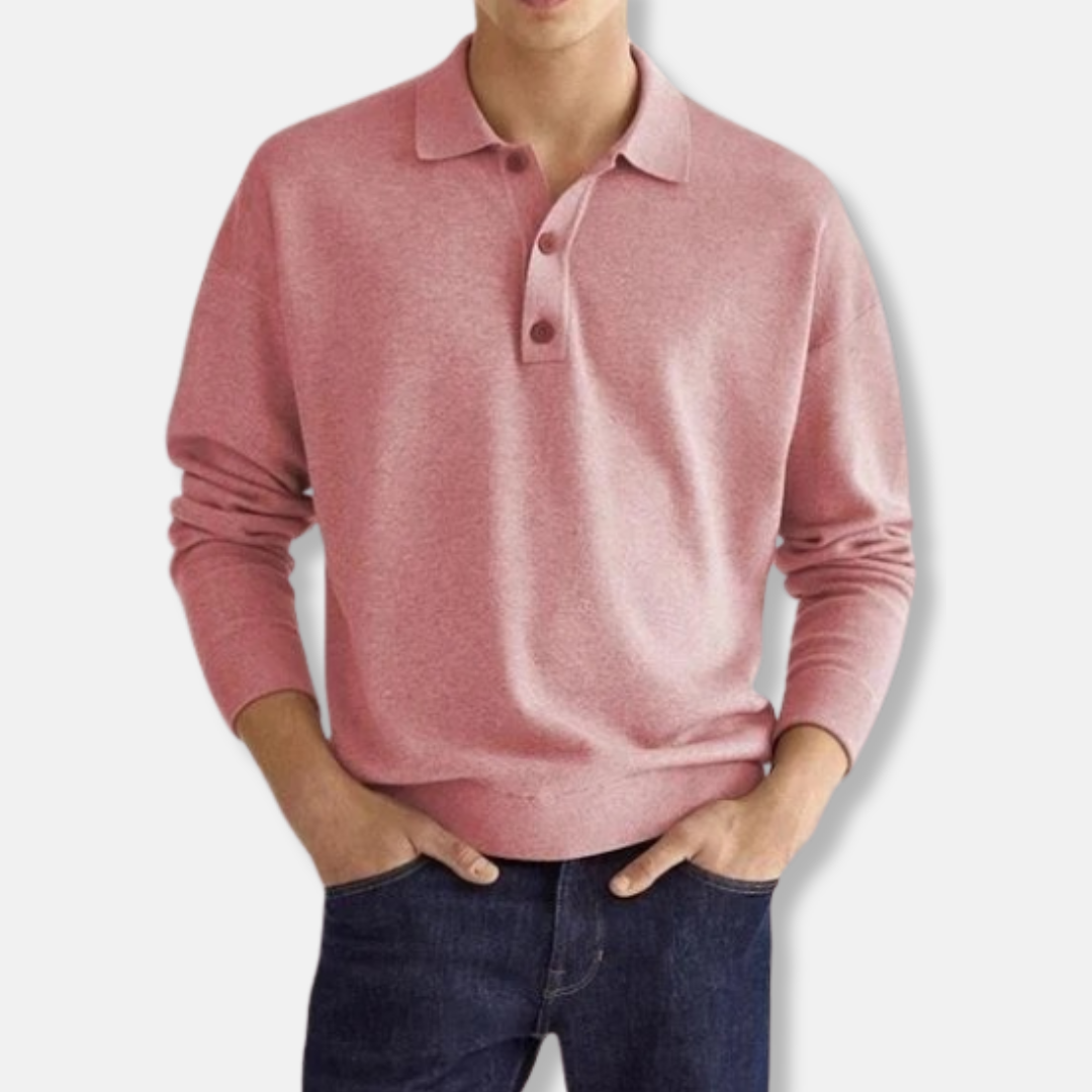 Pull Mélange de Coton Col Polo Manches Longues Coupe Décontractée Style Smart Casual