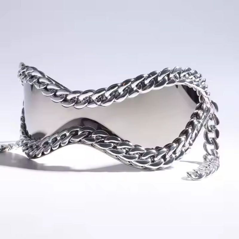 CORVUS Lunettes De Soleil À Cadre Enveloppant Sculpté Avec Maillons De Chaîne Lourds Et Verres Miroirs Haute Brillance