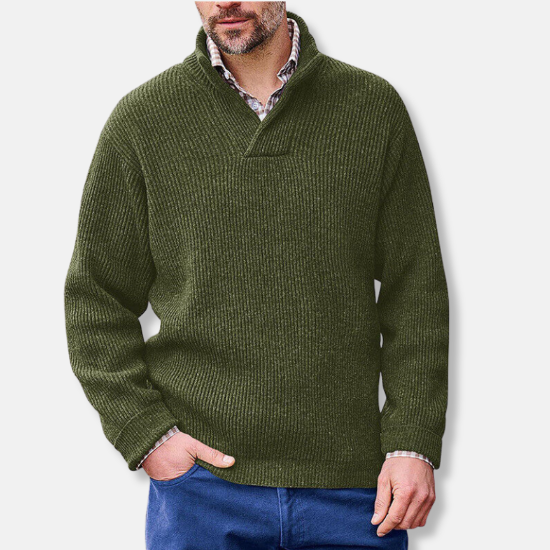 Pull Homme En Mélange Coton À Col Montant Et Col En V Coupe Ample Manches Longues