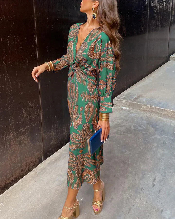 Robe Maxi Femme Décolleté En V Avec Nœud Manches Longues Coupe Fluide Légère Pour Toutes Occasions