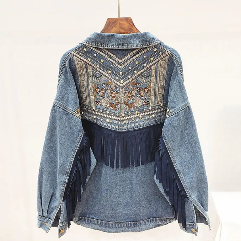 Veste En Jean Brayden Avec Broderie Et Franges En Daim Panneau Arrière Brodé Et Coupe Oversize Structurée