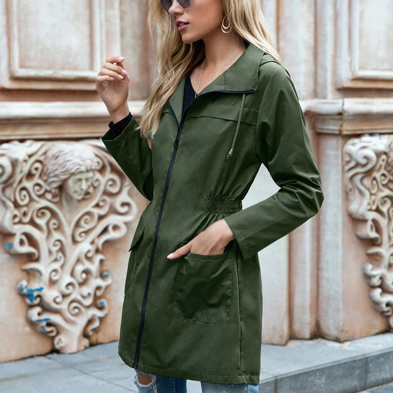 Trench Femme Léger Hydrofuge Imperméable Avec Zip Et Taille Ajustable Manches Longues