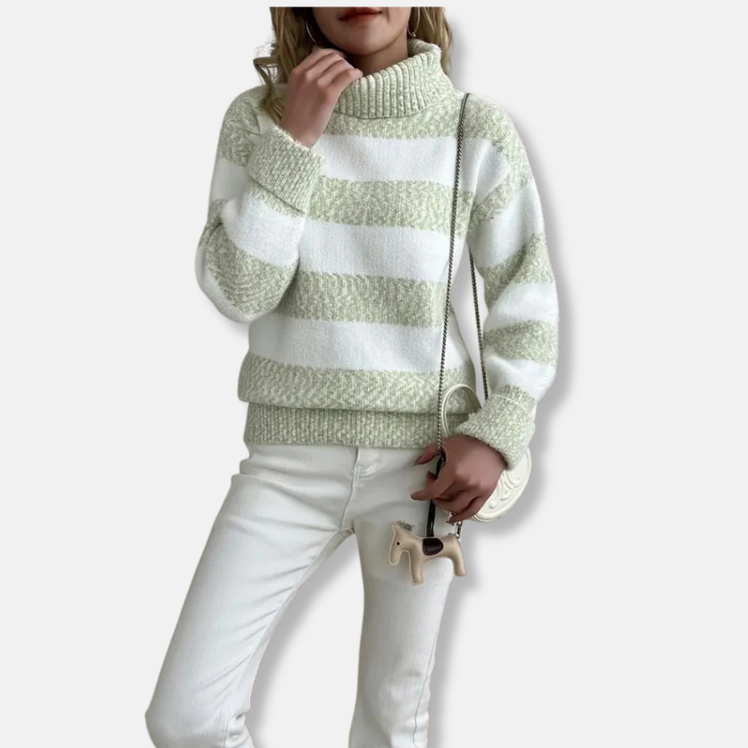 Pull Femme Col Roulé Côtelé En Maille Pelucheuse Coupe Ample À Rayures Pour Femme