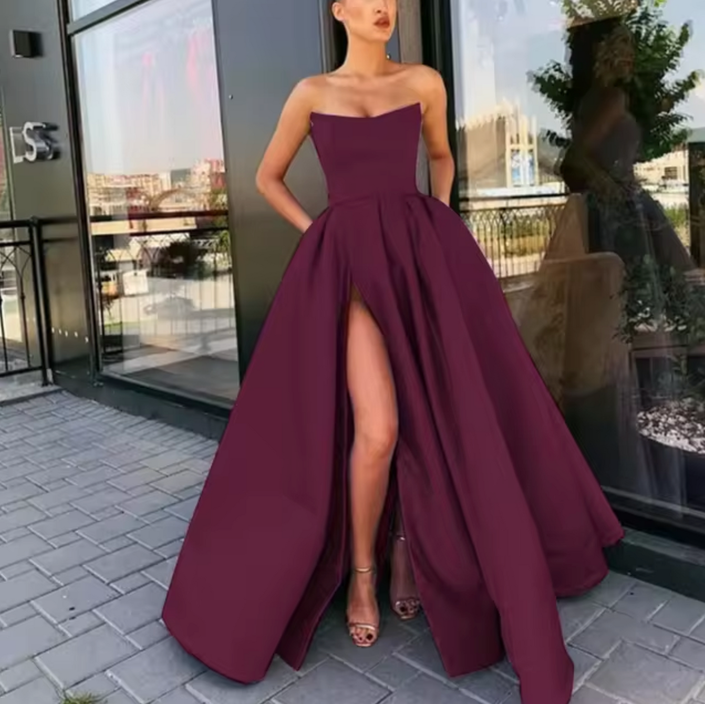 Robe De Soirée Pour Femme Sans Bretelles Coupe A Ligne Longue Avec Fente Haute Élégante