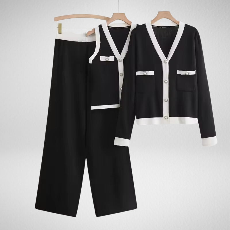 Ensemble Kate Lauder Trois Pièces Boutons Perle Détails Contrastés Pour Look Chic Jour Nuit Tissu Coton Mélangé Confort