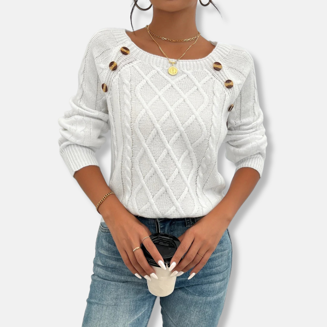 Top En Maille Pour Femme Coupe Décontractée Maille Cable Épaule Tombante Boutons Accent Poignets Côtelés