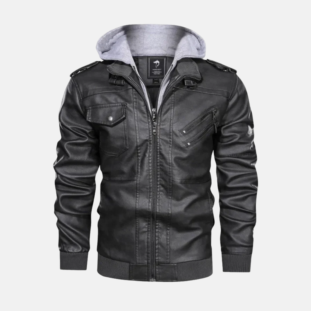 Veste Homme En Cuir PU Avec Capuche Détachable Et Col Debout Zip Avant Coupe Structurée Décontractée