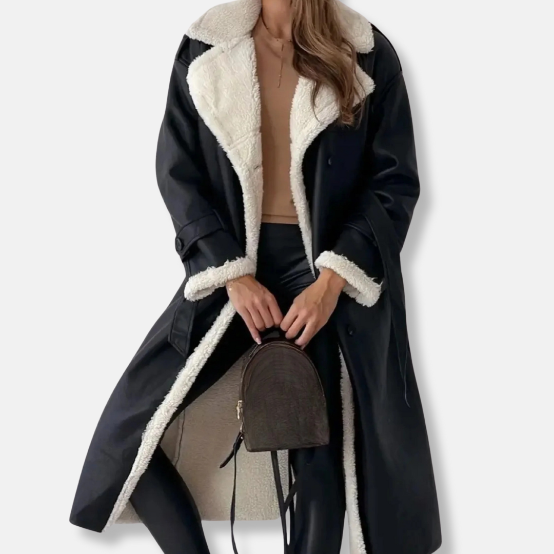 Manteau Long Femme Double Boutonnage Oversize Col Peluche Et Poignets Doublés Ceinture À Nouer