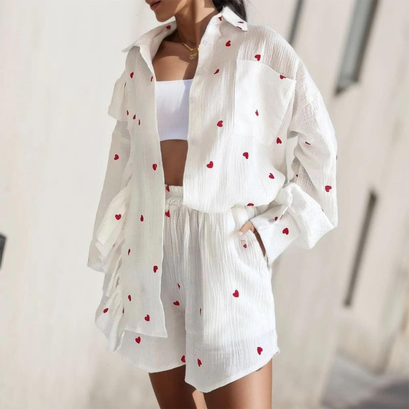 Ensemble Deux Pièces Motifs Cœur Tissu Doux Confortable Pour Tenue Décontractée Brunch Plage