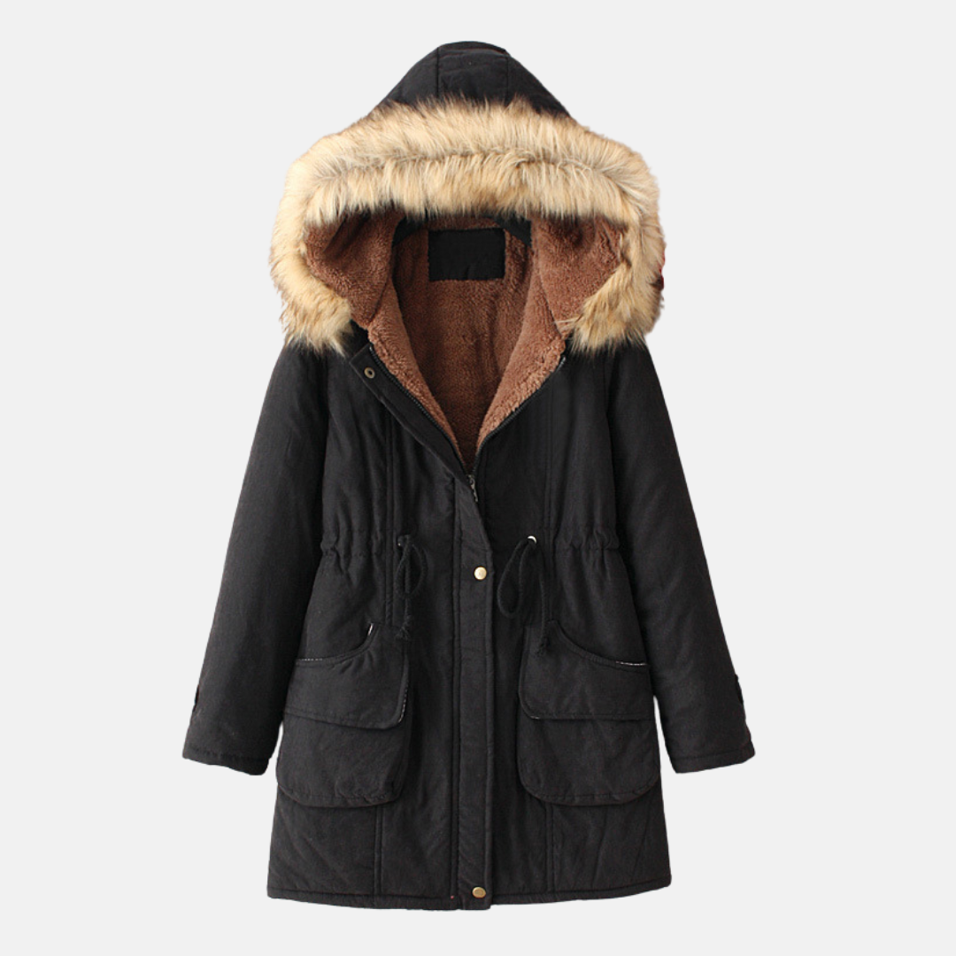 Parka Femme Doublure Sherpa Capuche Fourrure Fausse Taille Réglable Par Cordon Coupe Slim Regular