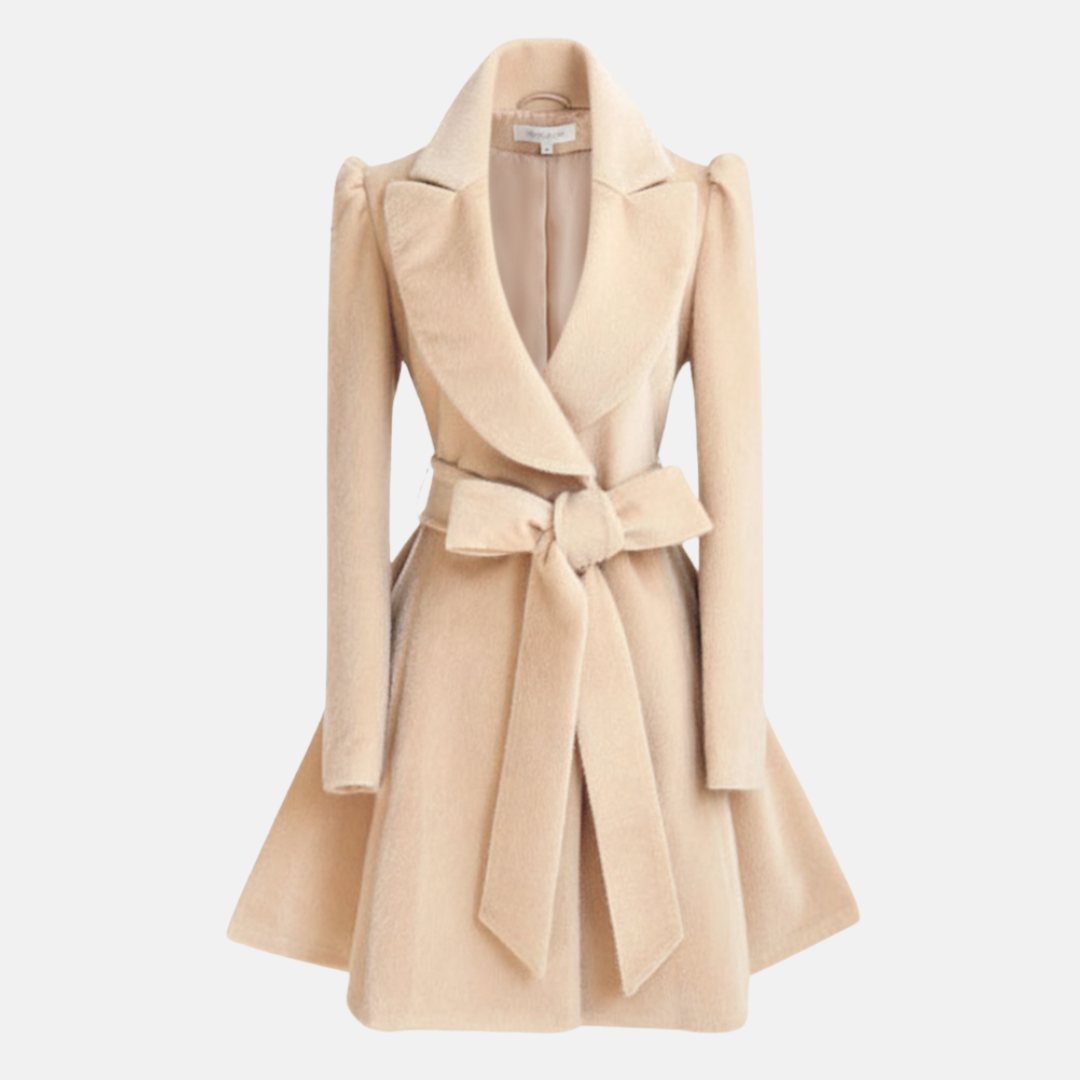 Manteau Femme Slim Fit Ceinture Avec Nœud Laine Mélangée Jupe Ligne A Manches Longues Élégant