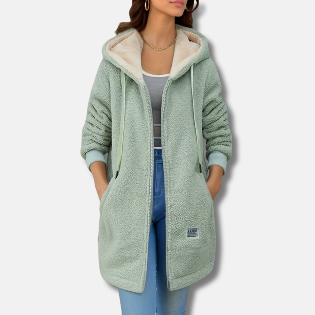 Veste À Capuche Femme Effet Peau D Agneau Synthétique Doux Oversize Zip Devant Mi Longue