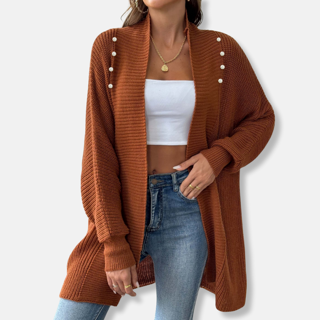 Cardigan Femme En Acrylique Tricot Longueur Longue Avec Col Châle Boutons Perles Élégants