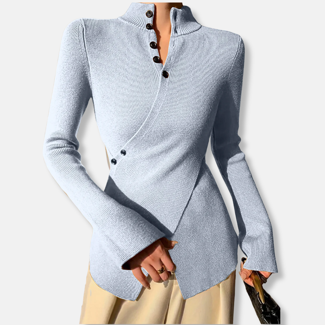 Pull Femme En Maille Slim Fit Col Haut Ourlet Asymétrique Boutons Manches Longues