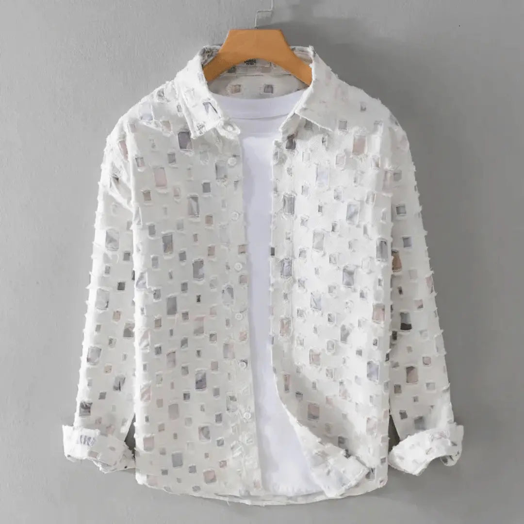 Chemise Denim Patchwork Effiloché Alessandro Edition Amawinc Pour Style Décontracté Moderne