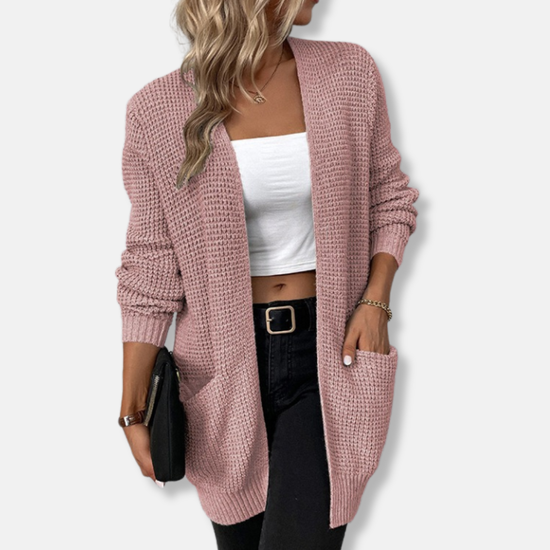 Cardigan Femme Décontracté En Maille Gaufre Ouvert Avec Poches Plaquées Pour Automne Hiver