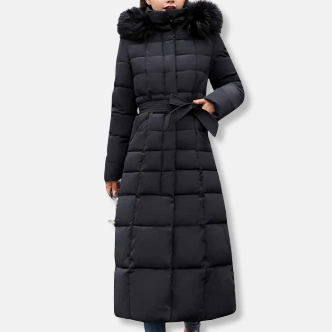 Manteau Matelassé Pour Femme Ceinture Cintrée Capuche Fourrure Long Coupe Slim Isolant