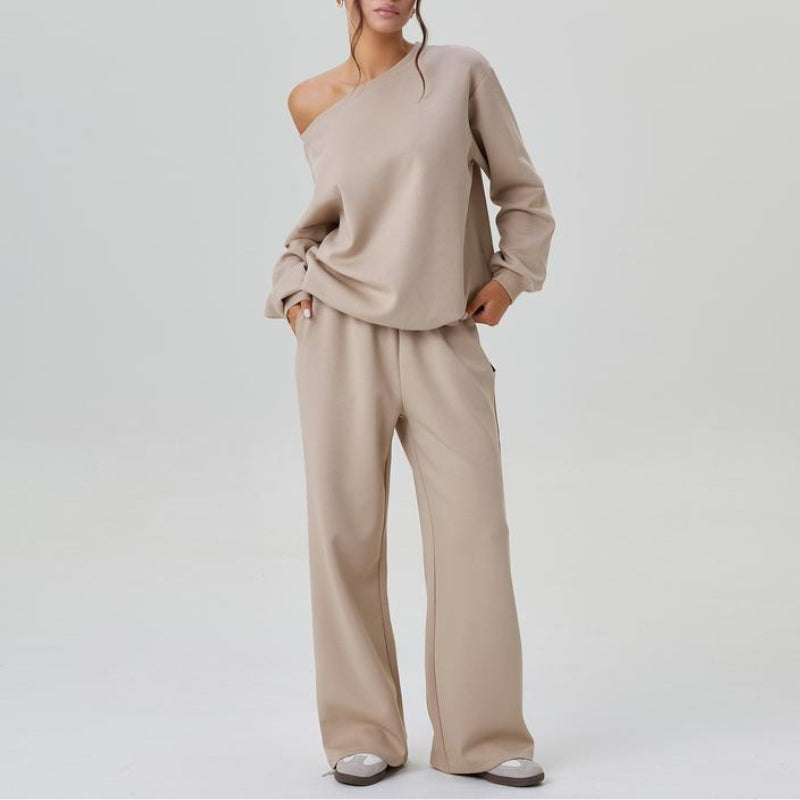 Ensemble Deux Pièces Coordonné En Maille Douce Avec Épaules Drapées Et Pantalon À Jambe Large Du Matin À La Soirée