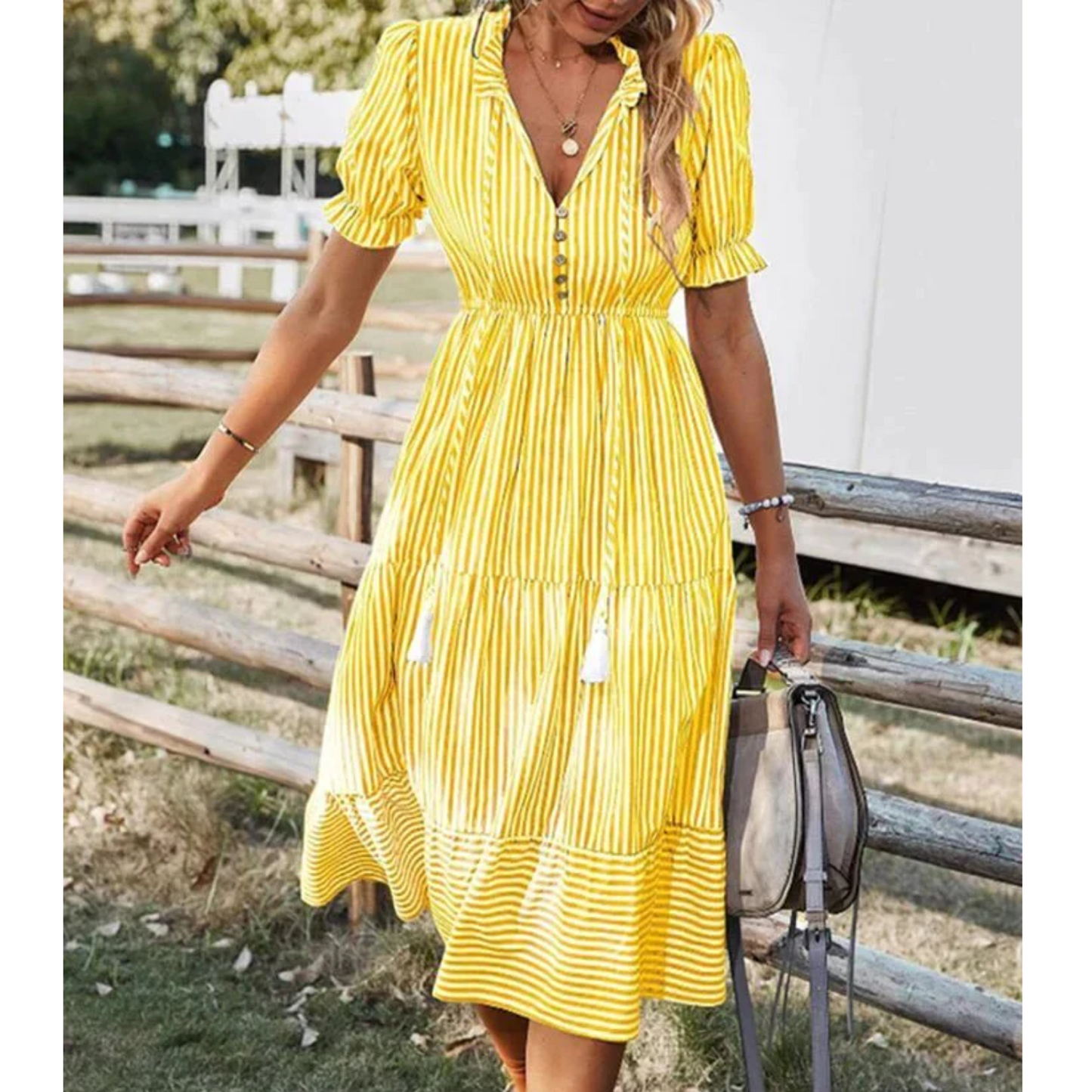 Robe Mi Longue Rayée Pour Femme Amawinc Col V Fermeture Par Boutons A Ligne Manches Bouffantes Courtes