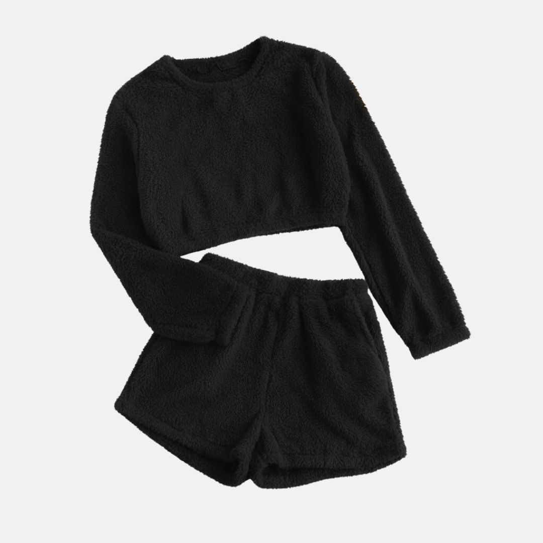 Ensemble Deux Pièces Loungewear Peluche Texturée Avec Top Manches Longues Coupé Court Et Shorts Taille Haute