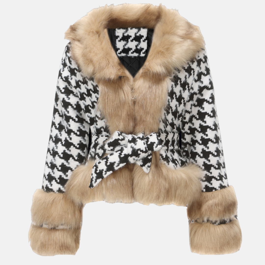 Manteau Court Femme En Laine Mélangée Motif Pied-de-Poule Avec Fourrure Et Taille Ceinture