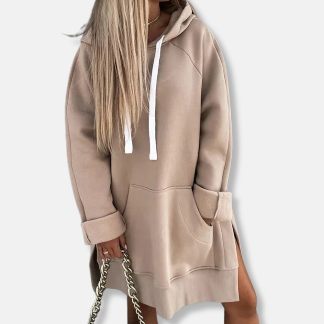Robe À Capuche Pour Femme En Mélange Coton Coupe Oversize Avec Poche Kangourou Et Fente Latérale