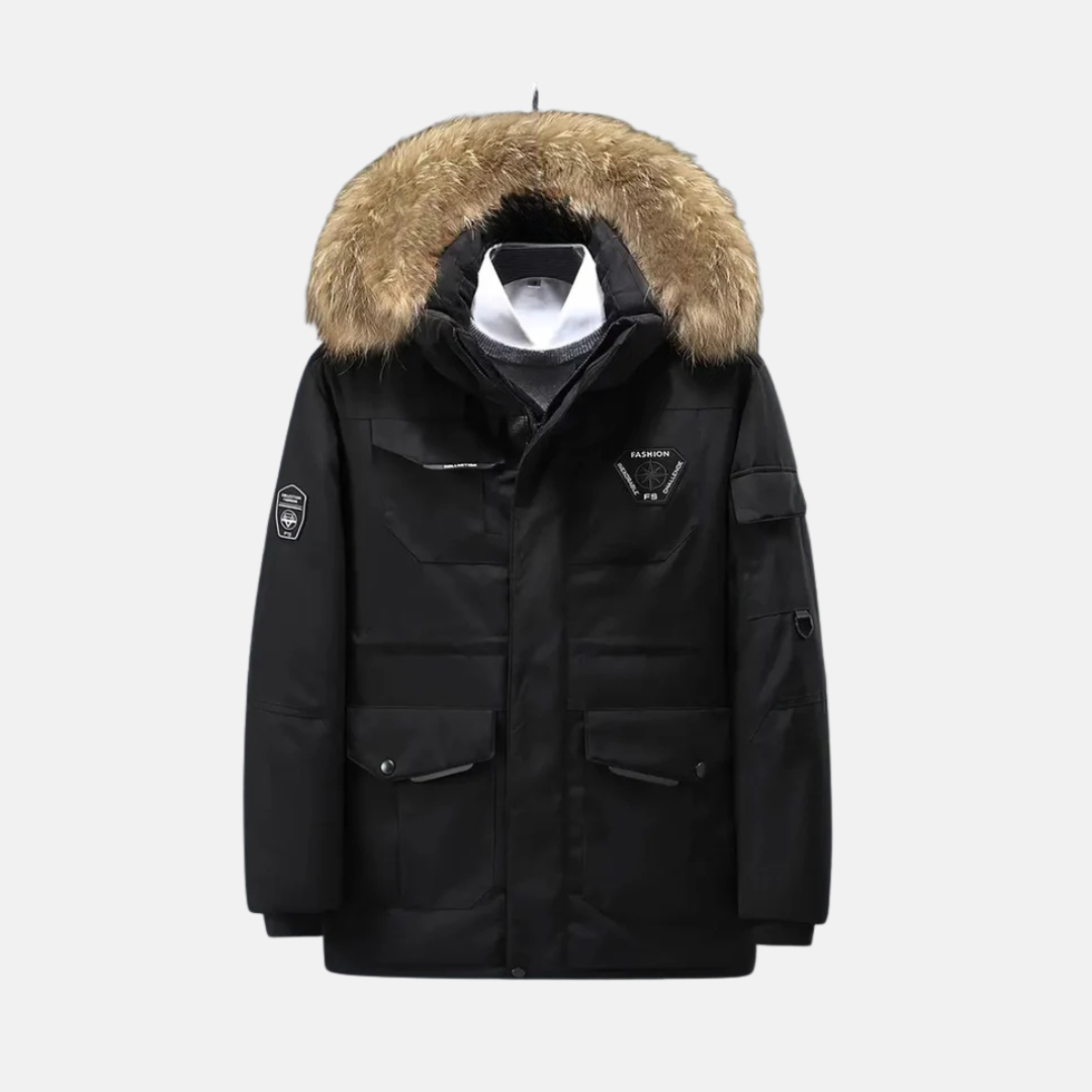 Parka Homme Résistant Au Vent Avec Capuche Bordure En Fourrure Synthétique Coupe Structurée Poches Utilitaires