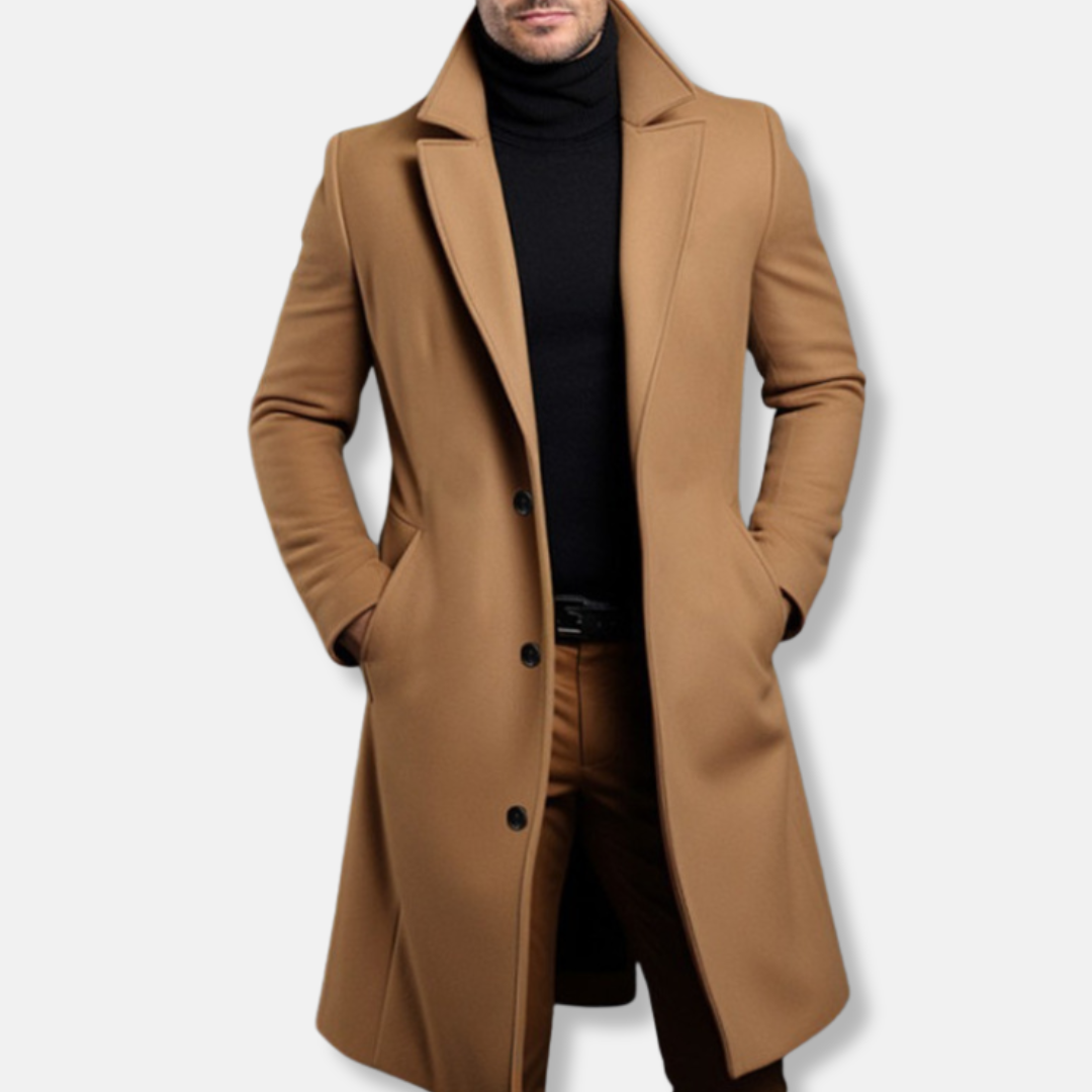 Trench Coat Homme Nordisk Flair Coupe Tailorée Mélange de Laine Longueur Genou à Simple Boutonnage