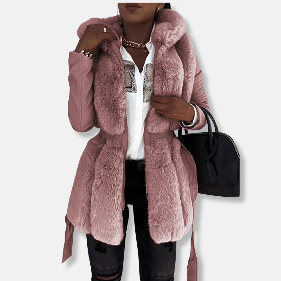Veste Femme Tailorée en Faux Cuir Col en Fausse Fourrure Manches Matelassées Ceinture Cintrée Amawinc Nordisk Flair