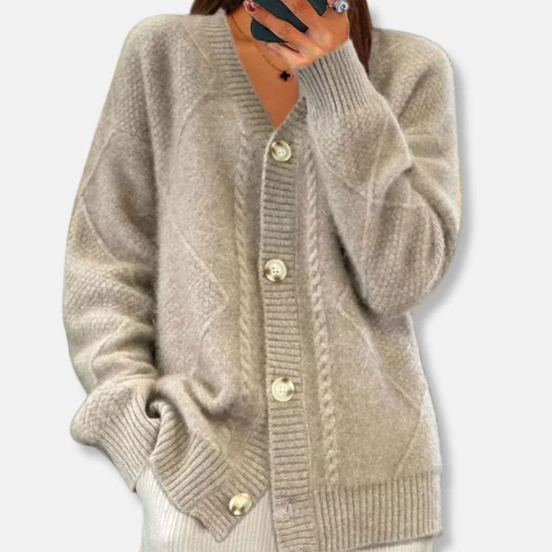 Cardigan Femme Coupe Décontractée En Maille Torsadée Bouton Devant Longueur Sur Les Hanches