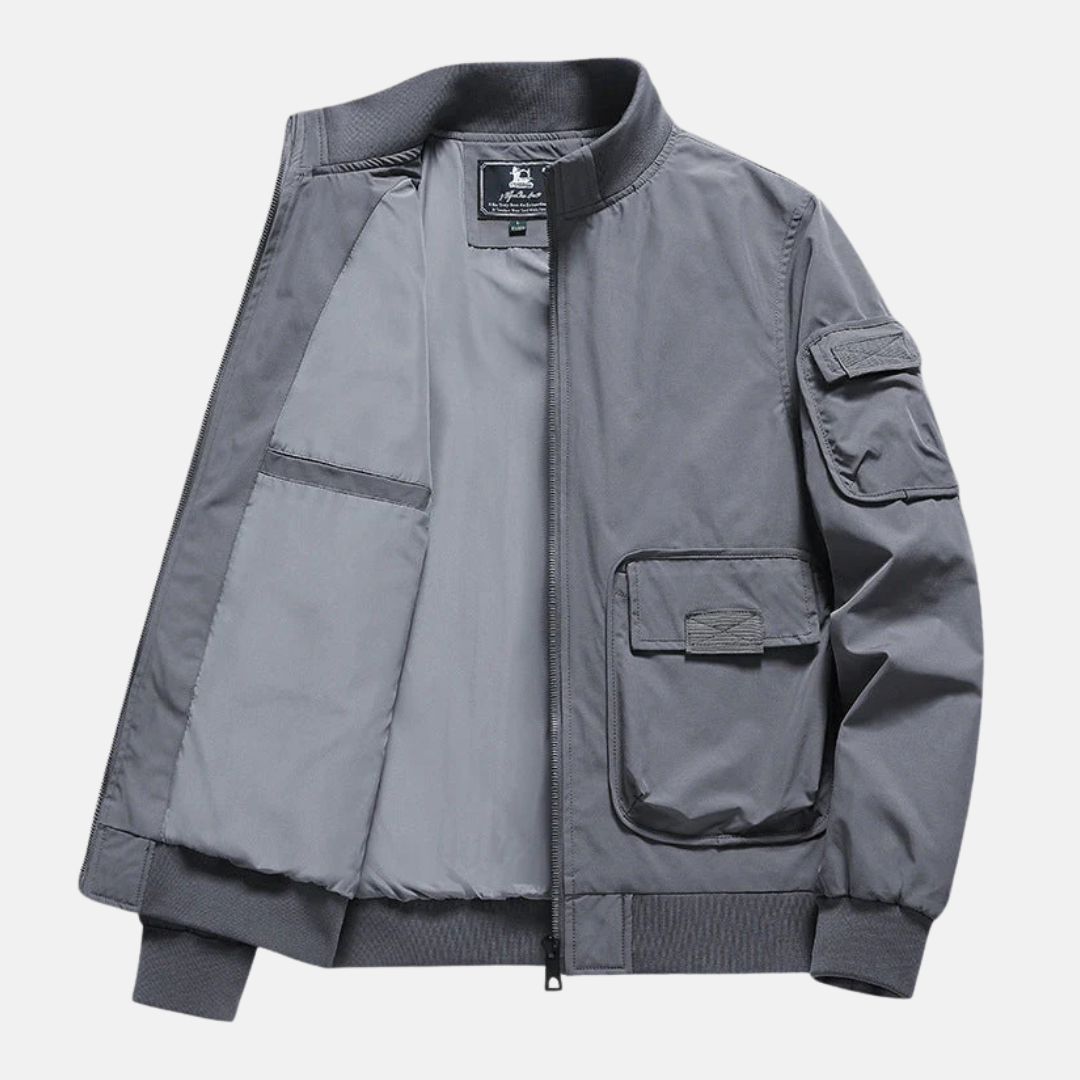 Veste Bomber Homme Bleu Marine À Coupe Décontractée Résistante Au Vent Zip Entier Poches Plaquées Par Amawinc