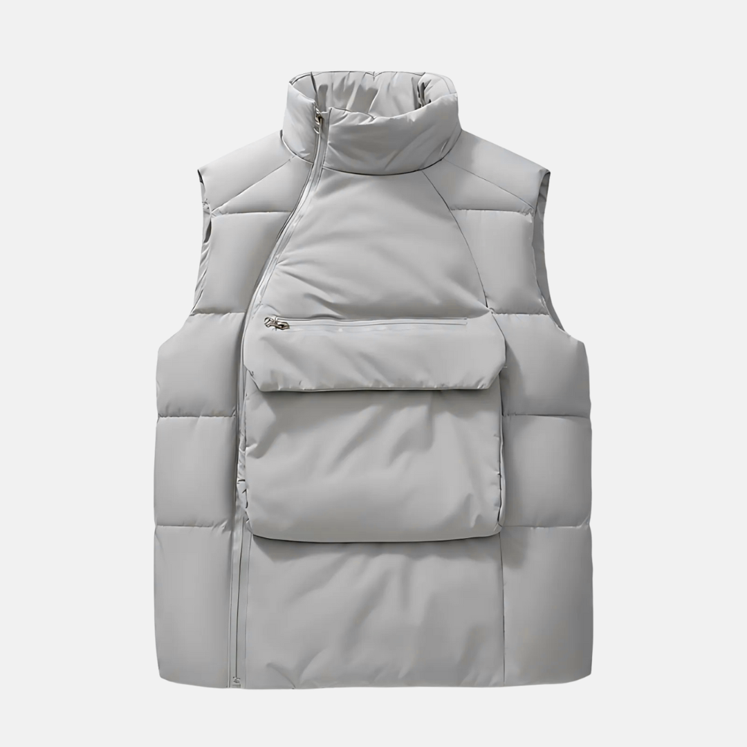 Gilet Matelassé Pour Homme En Tissu Tissé Confortable Avec Col Debout Et Zip Asymétrique Moderne
