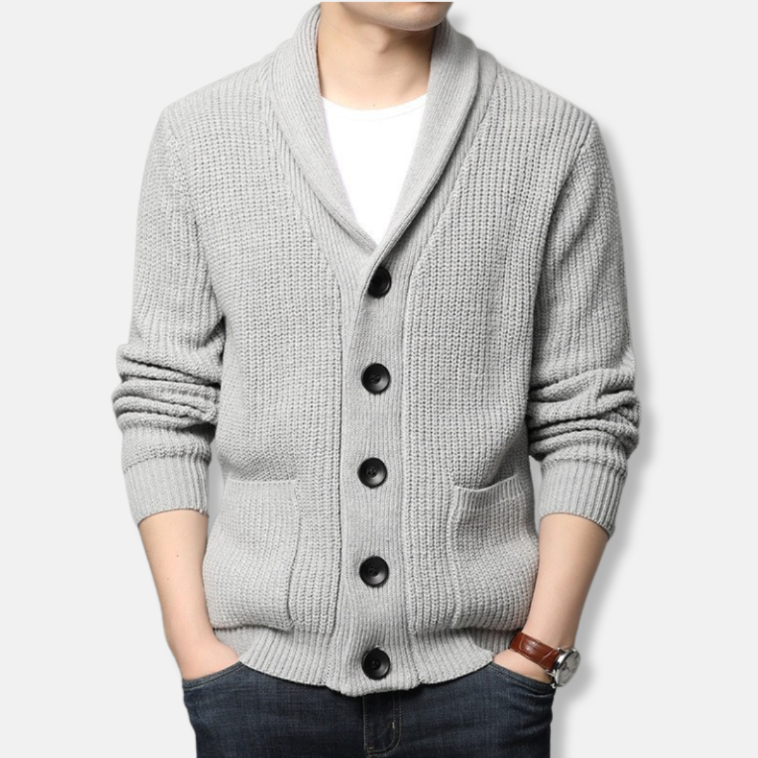 Cardigan Homme En Maille Côtée Avec Col Châle Boutonné Et Poches Plaquées Pour Une Élégance Décontractée