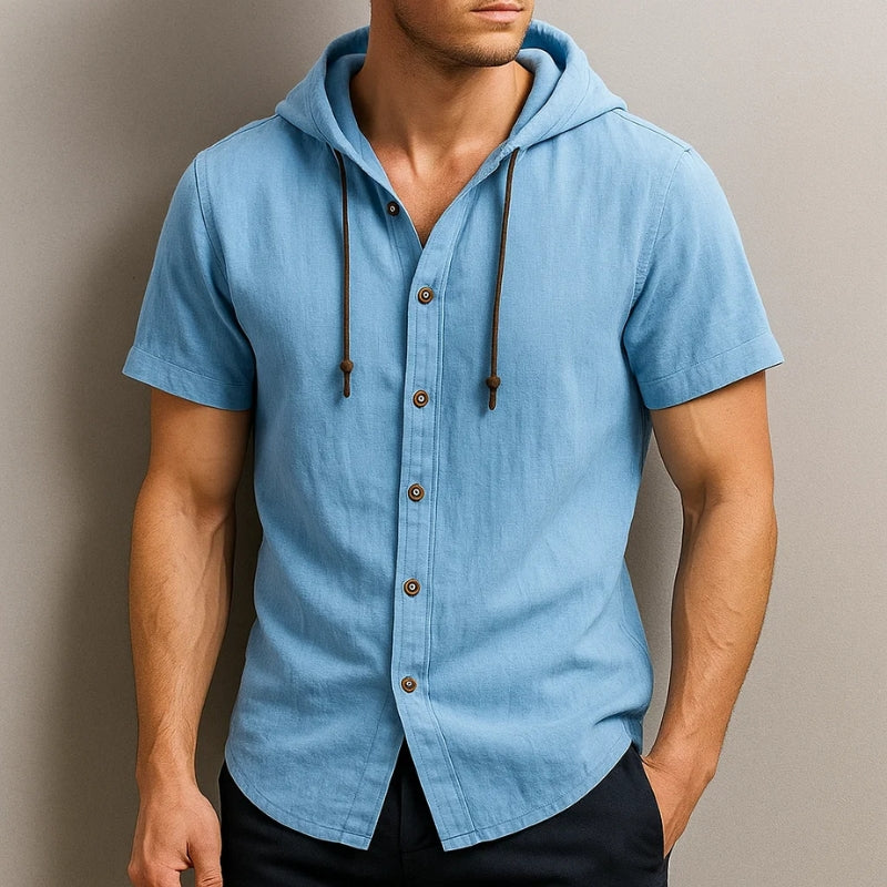Chemise À Capuche En Mélange Coton-Lin Léger Avec Manches Courtes Avec Cordon Et Ourlet Courbé