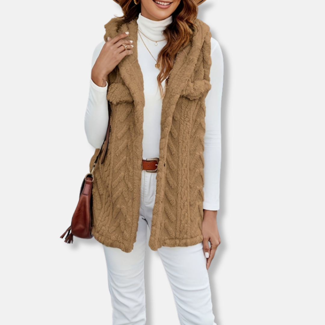 Gilet À Capuche Sans Manches Pour Femme En Maille Câblée Pelucheuse Avec Boutons Devant Poches Et Coupe Décontractée