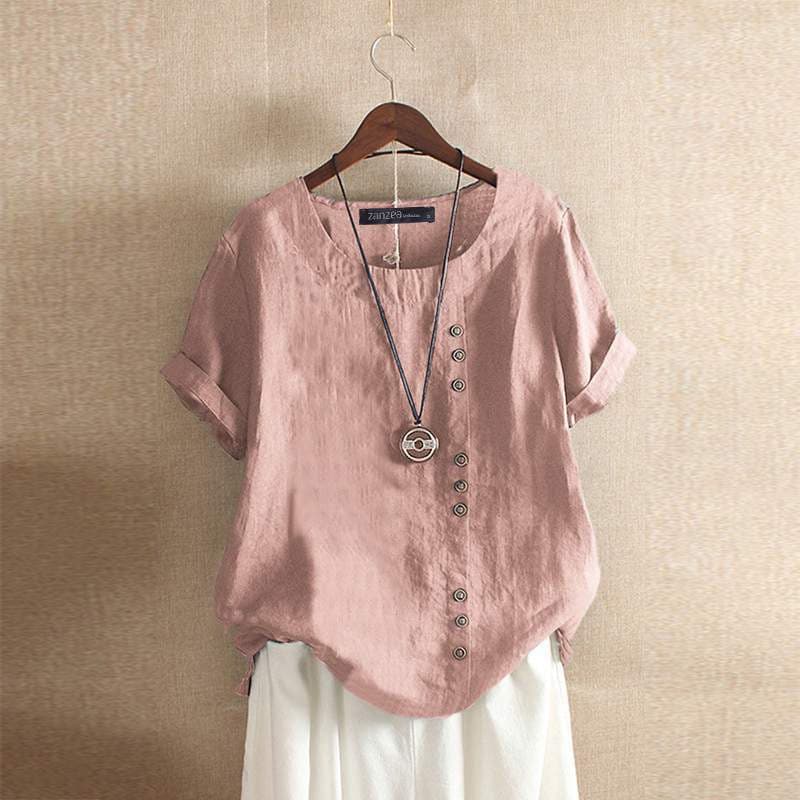 Blouse Femme Décontractée En Mélange Coton Manches Courtes Boutons Devant Asymétriques Nordisk Flair