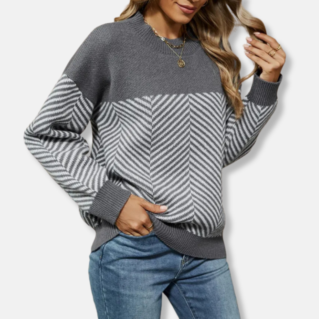 Sweatshirt Femme Nordisk-Flair Coupe Décontractée Maille Chevron Col Ras Du Cou Côtelé Manches Longues