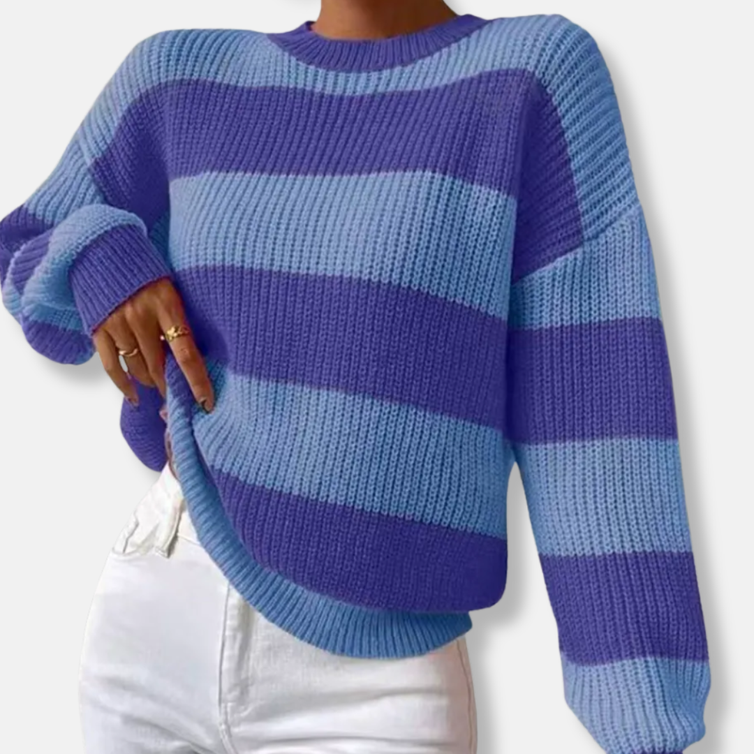 Sweat Femme En Maille Côtelée Coupe Décontractée Manches Ballon Col Rond Rayé Pour Femme