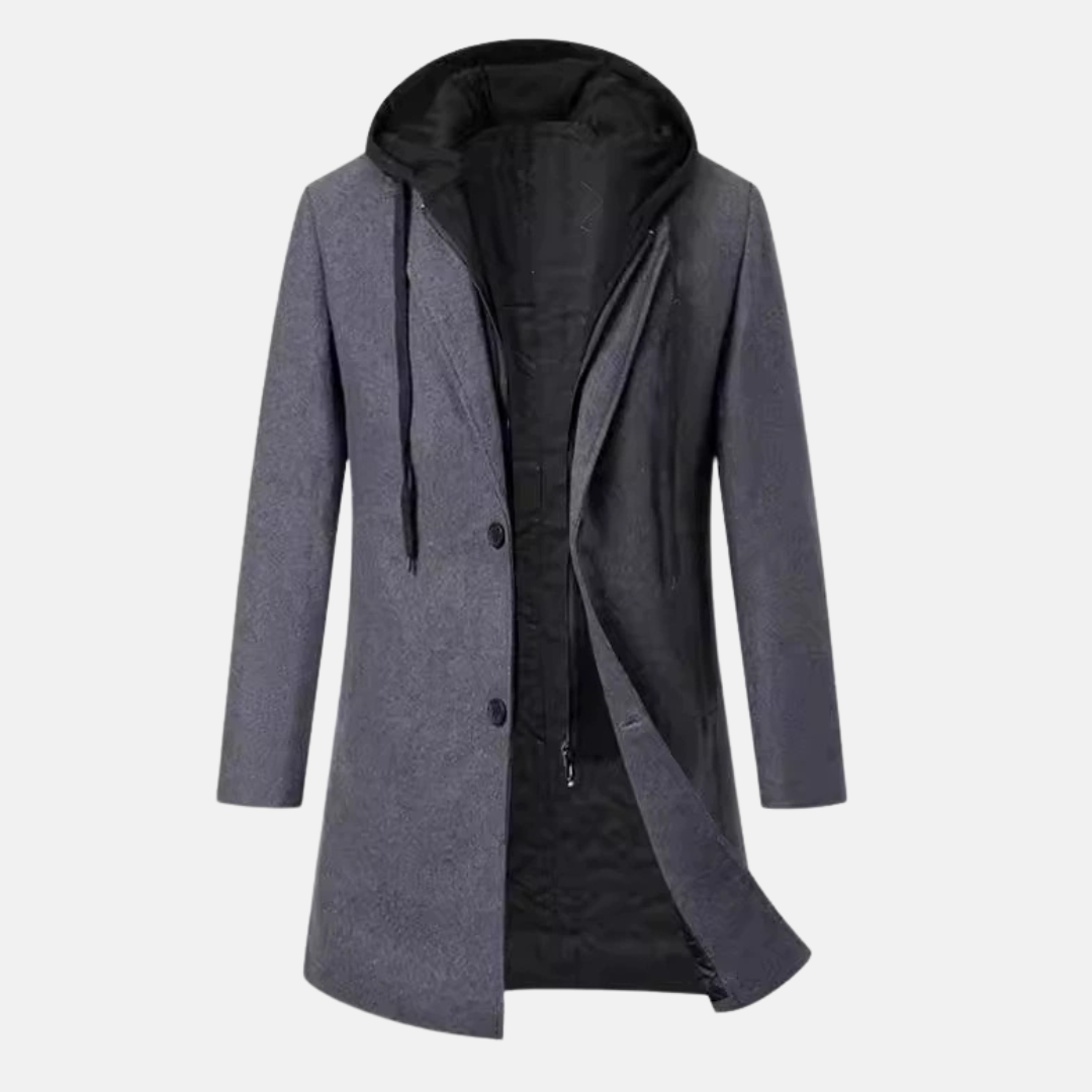 Manteau Homme En Laine Mélangée Coupe Sur Mesure Doublure Matelassée Capuche Amovible Mi Long Hiver Amawinc